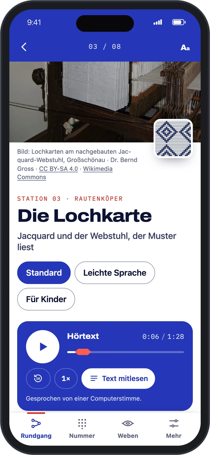 Fadenlauf auf dem Handy: eine Station des Mediaguides mit Bild und Hörtext