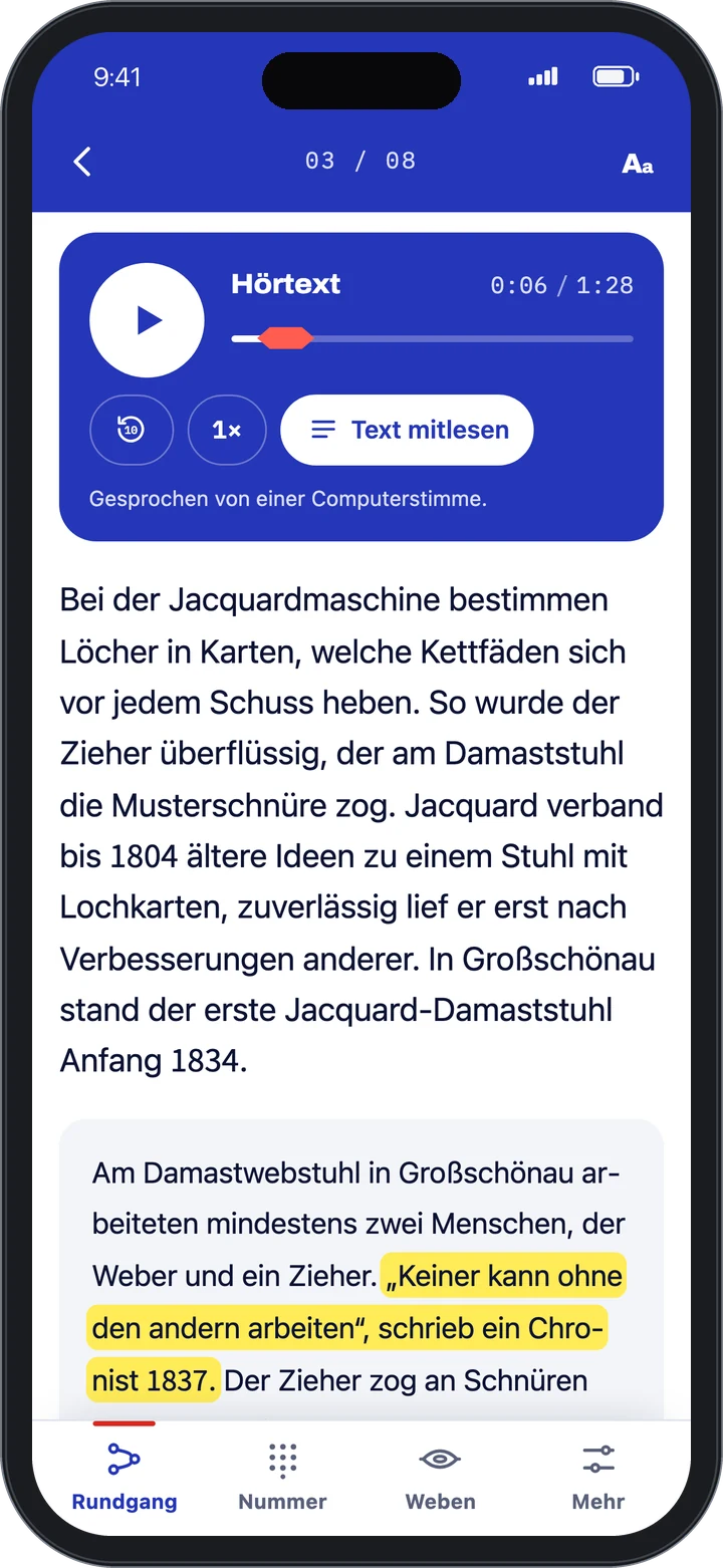 Fadenlauf auf dem Handy: der Hörtext einer Station mit mitlaufendem Satz
