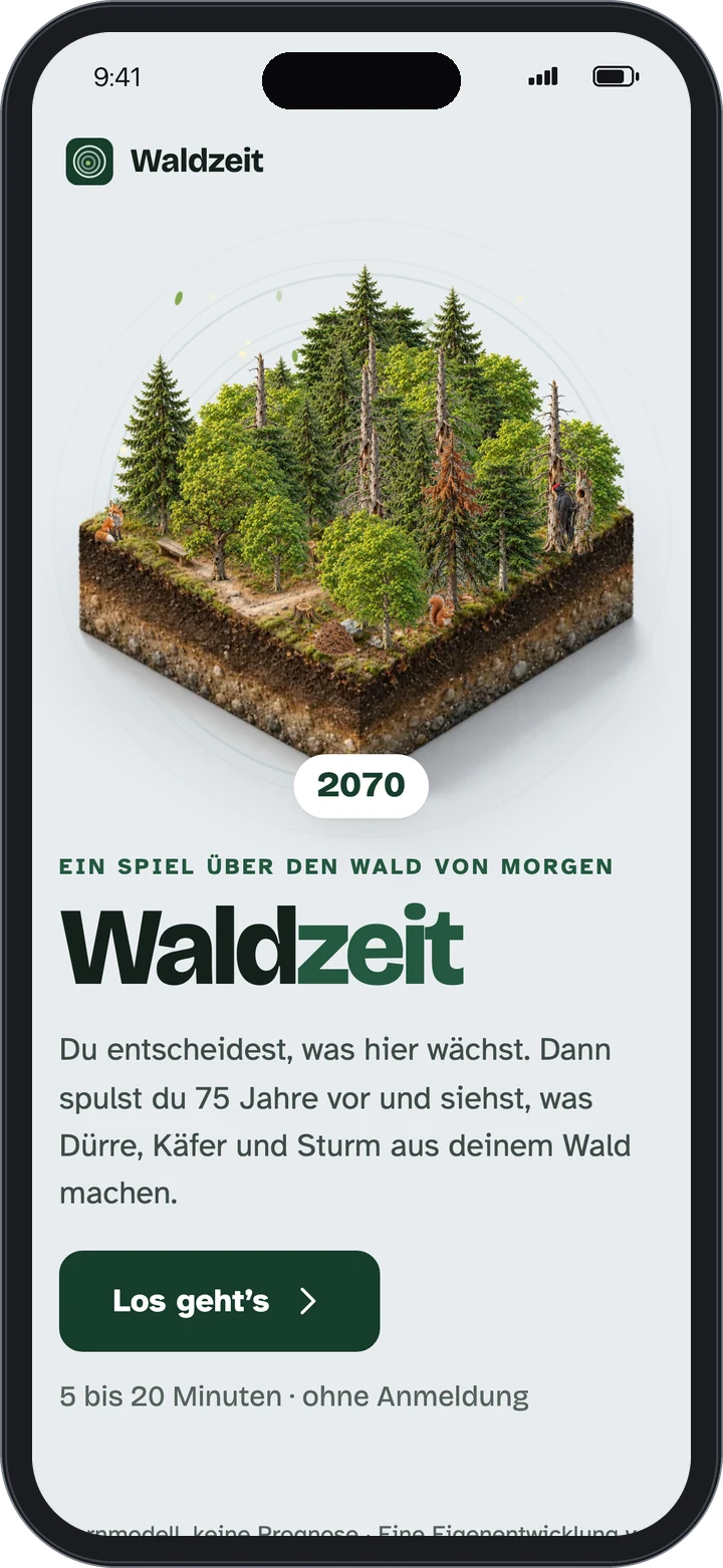 Waldzeit auf dem Handy: der Startbildschirm mit dem Wald als Diorama