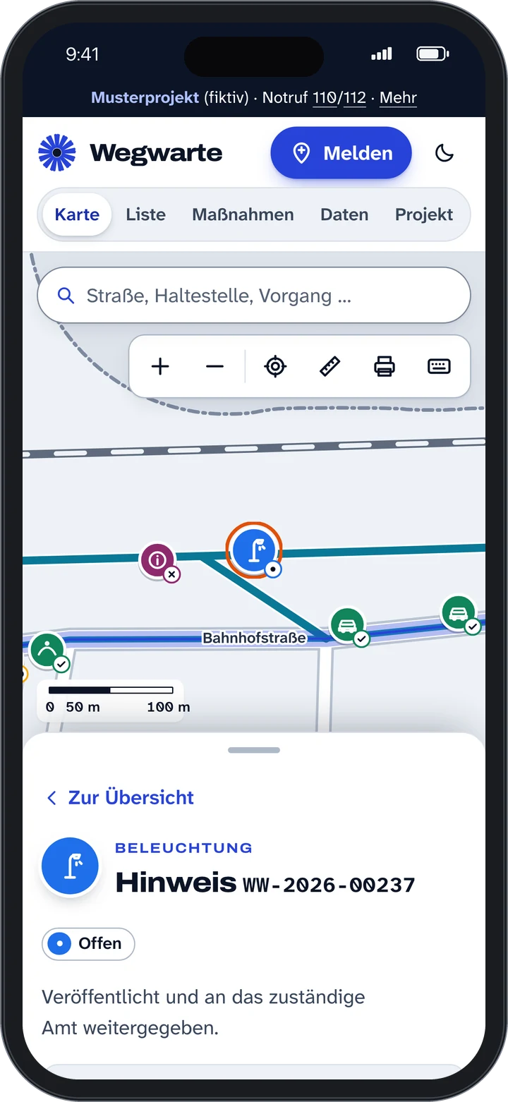 Wegwarte auf dem Handy: ein Hinweis auf der Karte mit Status und Antwort